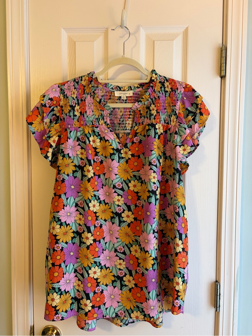 Umgee Floral Smocked Yoke Blouse - Black with Pink, Orange & Yellow Flowers